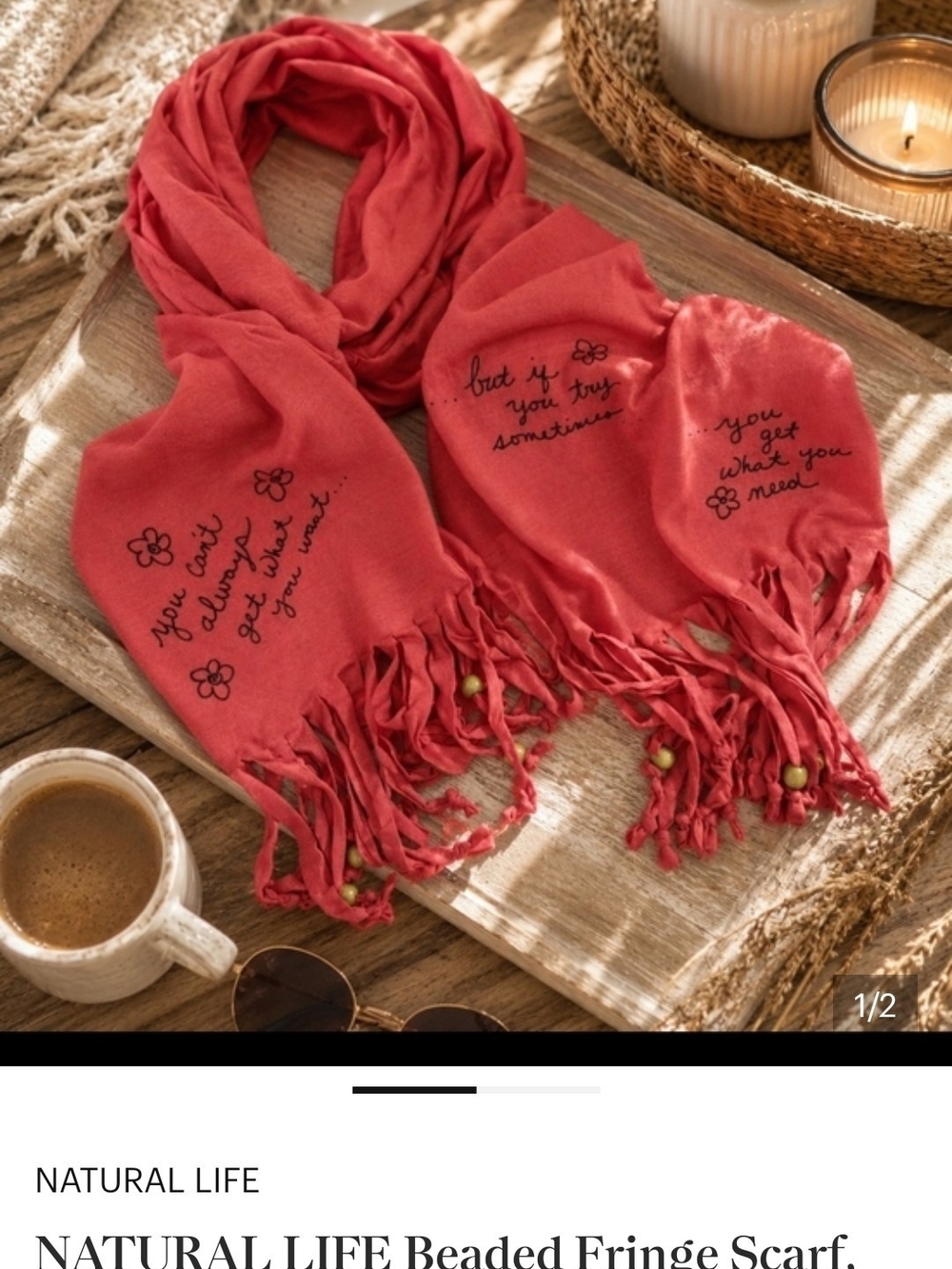 NATURAL LIFE ! LAST ONE! Beaded Fringe Scarf, SONG LYRICS Boho, Soft, Christmas